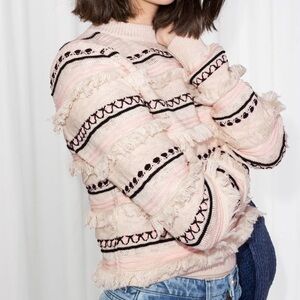 & Other Stories Striped Fringe Knit Sweater Blush Pink Cream Cotton Blend Sz S
